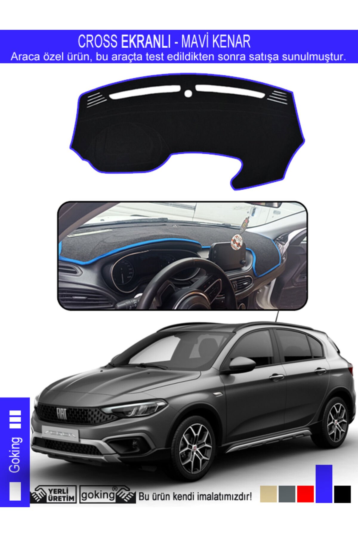 Fiat Egea Cross Torpido Koruyucu - Ekranlı Modele Özel - Tam Uyumlu - Koku Yapmaz - Kenar MAVİ