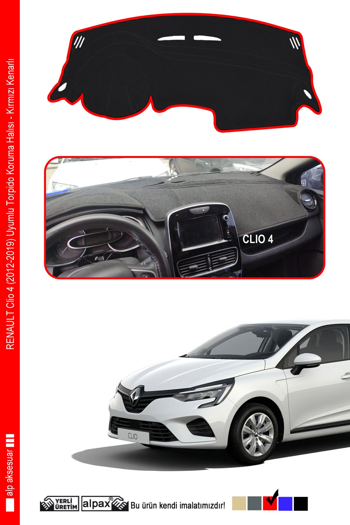 Renault Clio 4 Torpido Koruma Halısı 2012-2019 Modele Özel Üretim - Kenarı Kırmızı