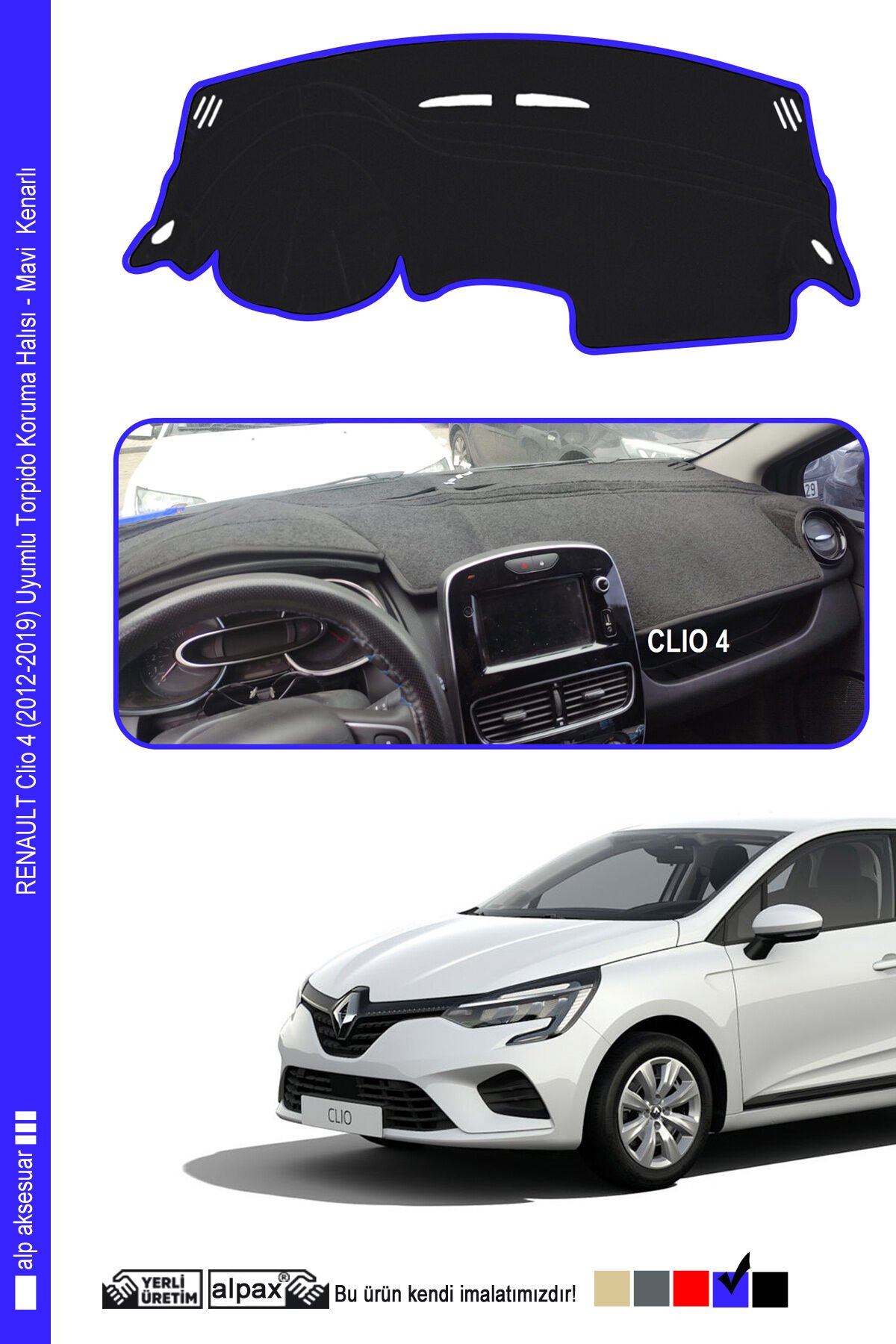 Renault Clio 4 Torpido Koruma Halısı 2012-2019 Modele Özel Üretim - Kenarı Mavi