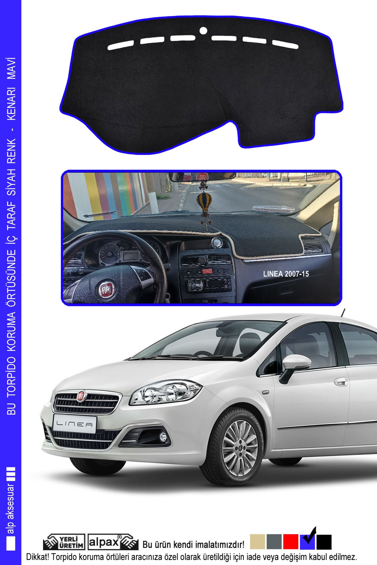 Fiat Linea 2007-2015 Modele Özel Torpido Koruma Halısı - Kenarı Mavi