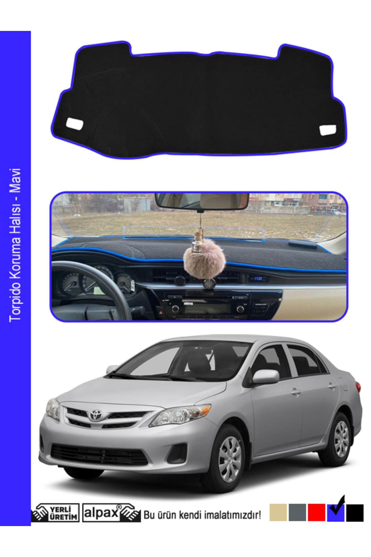 Toyota Corolla Torpido Koruma Halısı 2012-2019 Modele Özel Üretim - Mavi Kenar