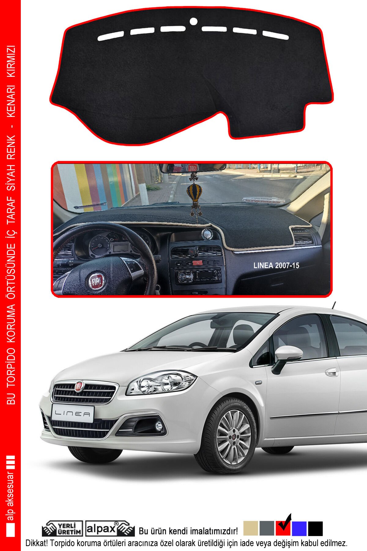 Fiat Linea 2007-2015 Modele Özel Torpido Koruma Halısı - Kenarı Kırmızı