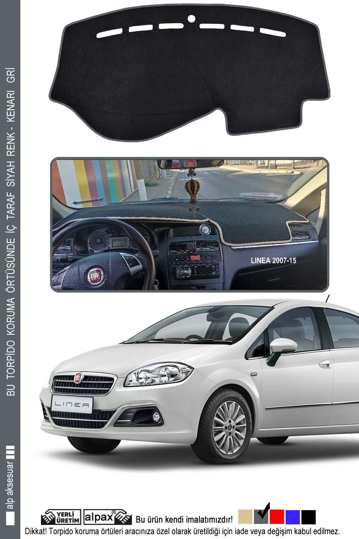 Fiat Linea 2007-2015 Modele Özel Torpido Koruma Halısı - Kenarı Gri