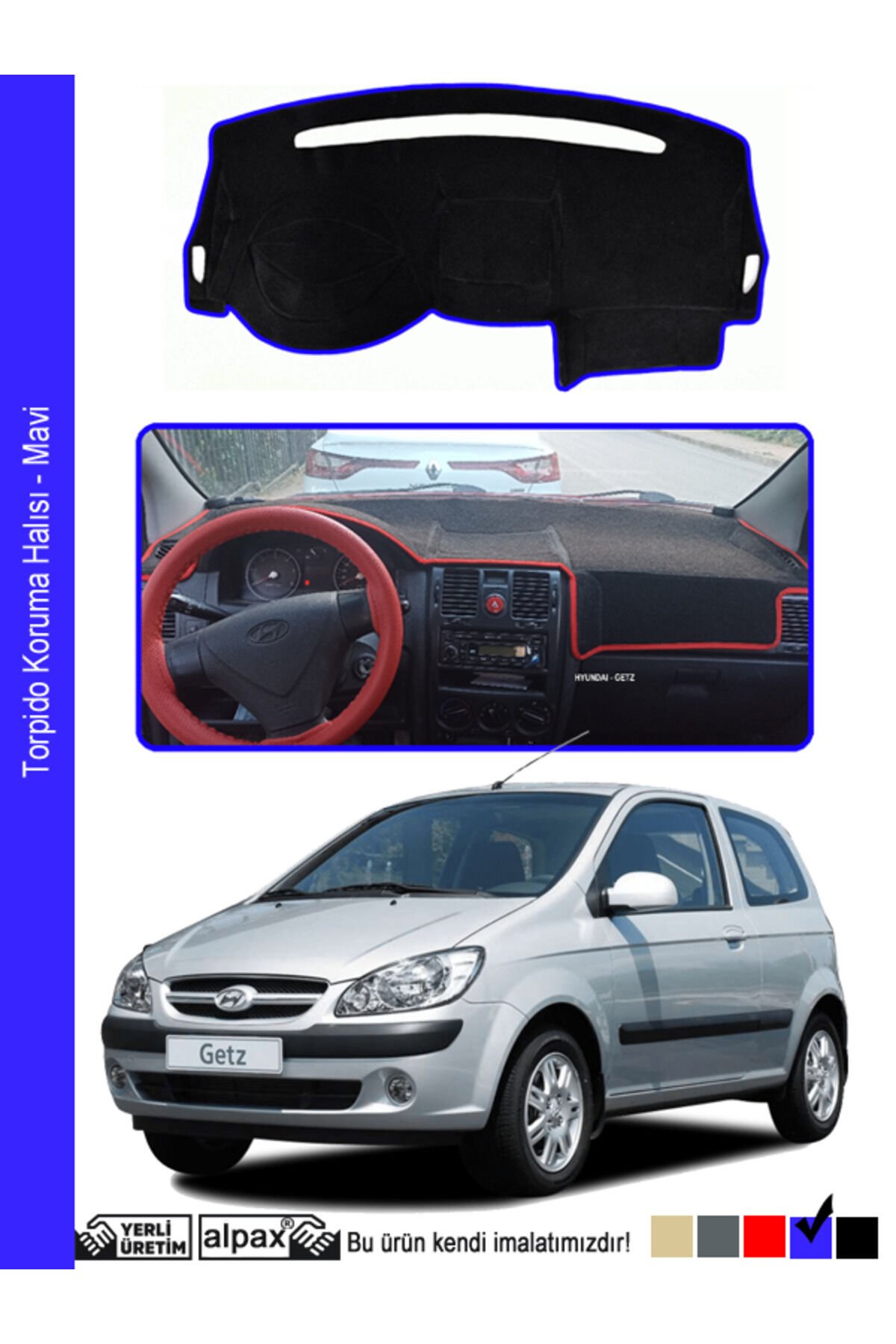 Hyundai Getz Torpido Koruma Halısı 2002-2011 Modele Özel Üretim - Mavi Kenar