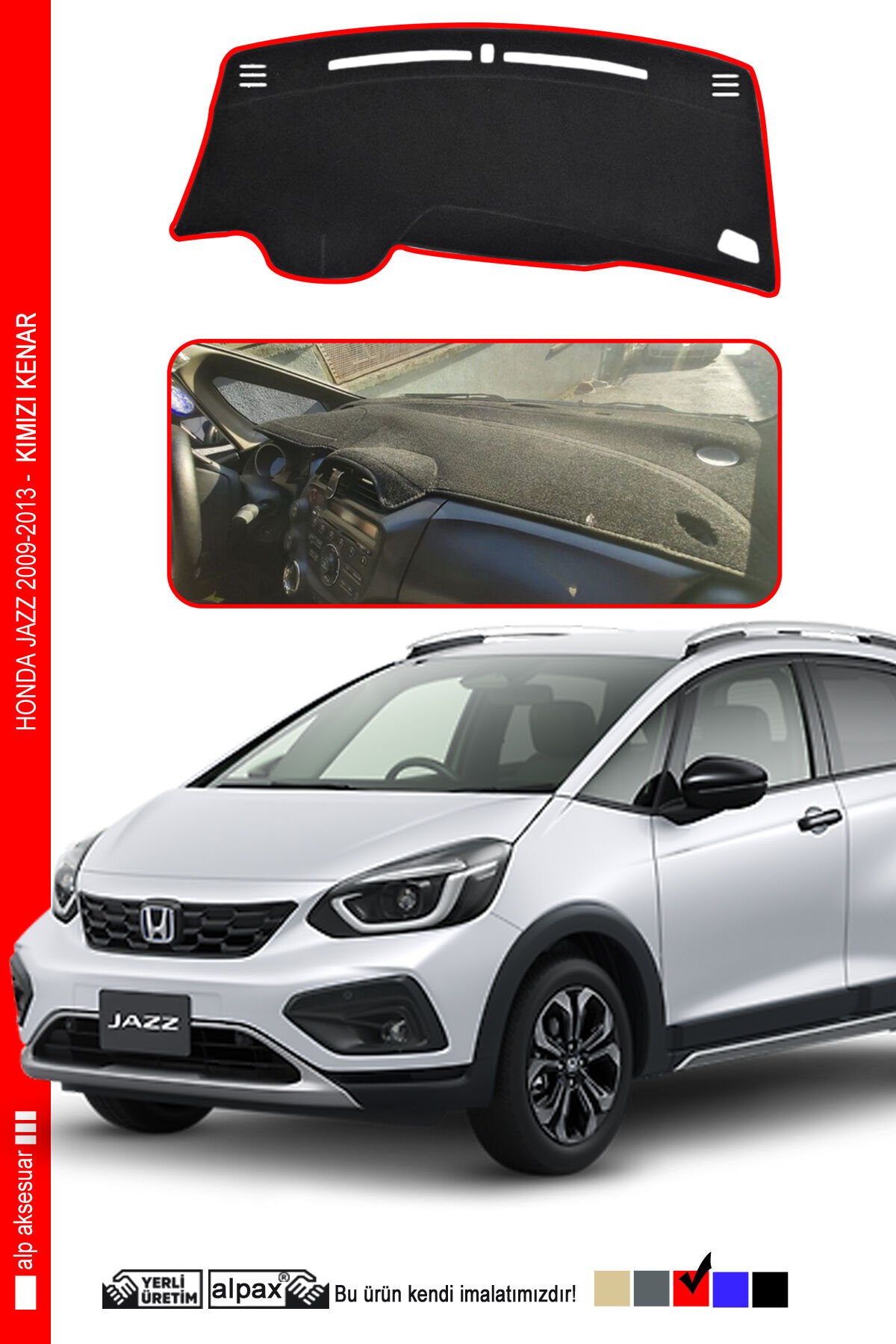 Honda Jazz Torpido Koruma Halısı 2009-2013 Modele Özel Üretim - Kenarı Kırmızı