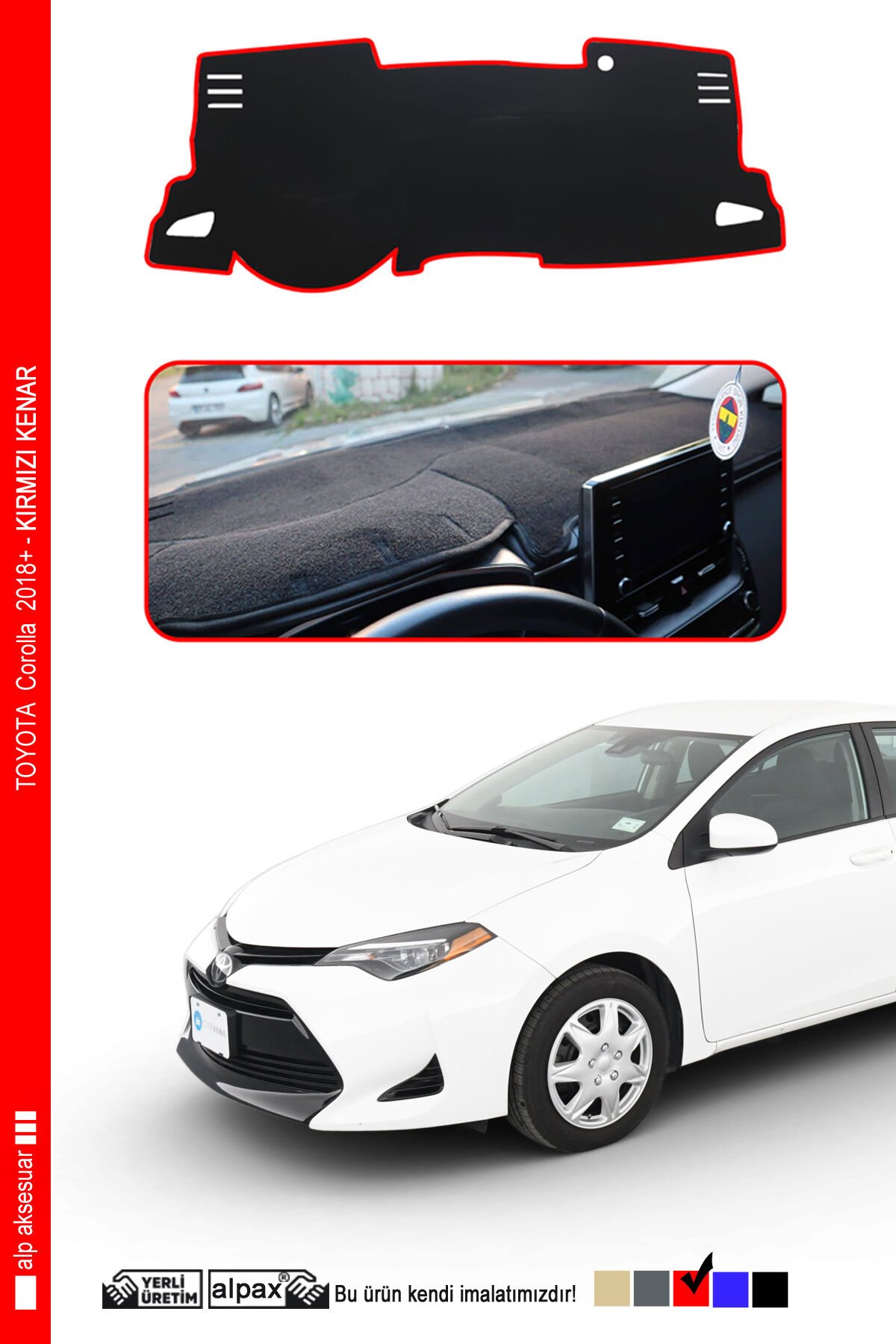 TOYOTA Corolla Torpido Koruyucu 2018 ve Üzeri Modele Özel Üretim - Kenarı Kırmızı