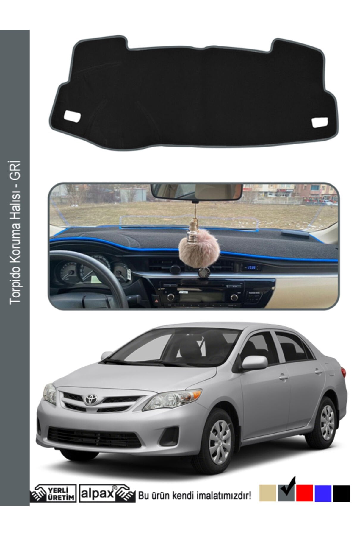 Toyota Corolla Torpido Koruma Halısı 2012-2019 Modele Özel Üretim - Gri Kenar