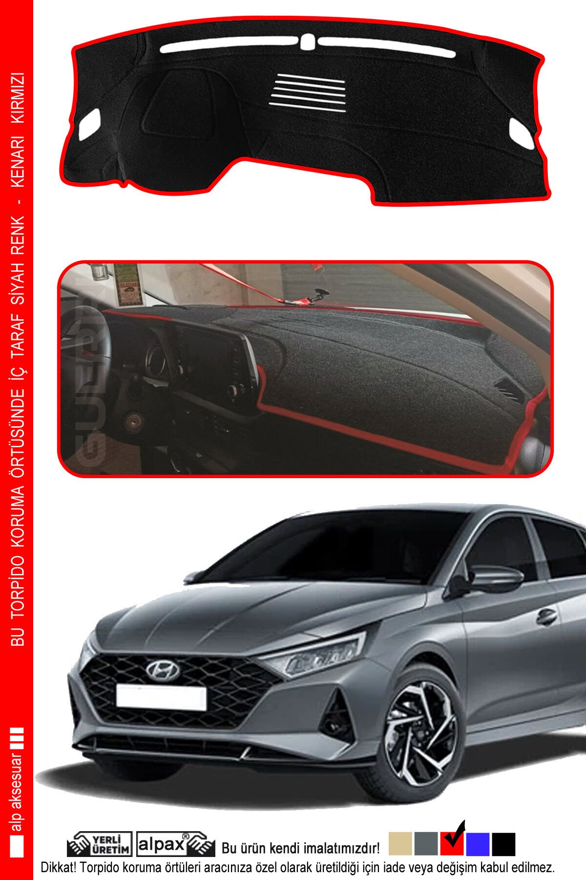 Hyundai i20 Torpido Koruma Halısı (2020 ve Üzeri) Modele Özel Üretim – Kenarı Kırmızı