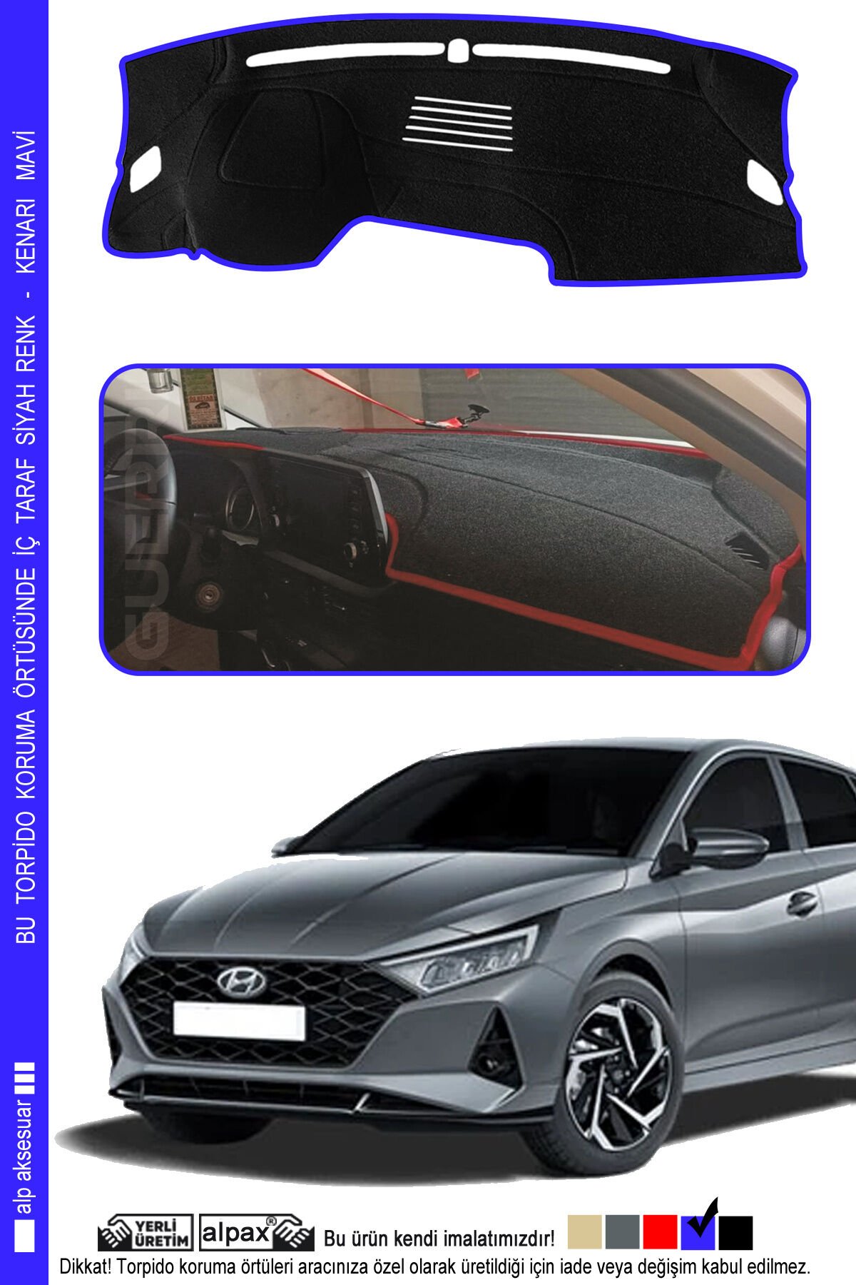 Hyundai i20 Torpido Koruma Halısı (2020 ve Üzeri) Modele Özel Üretim – Kenarı Mavi