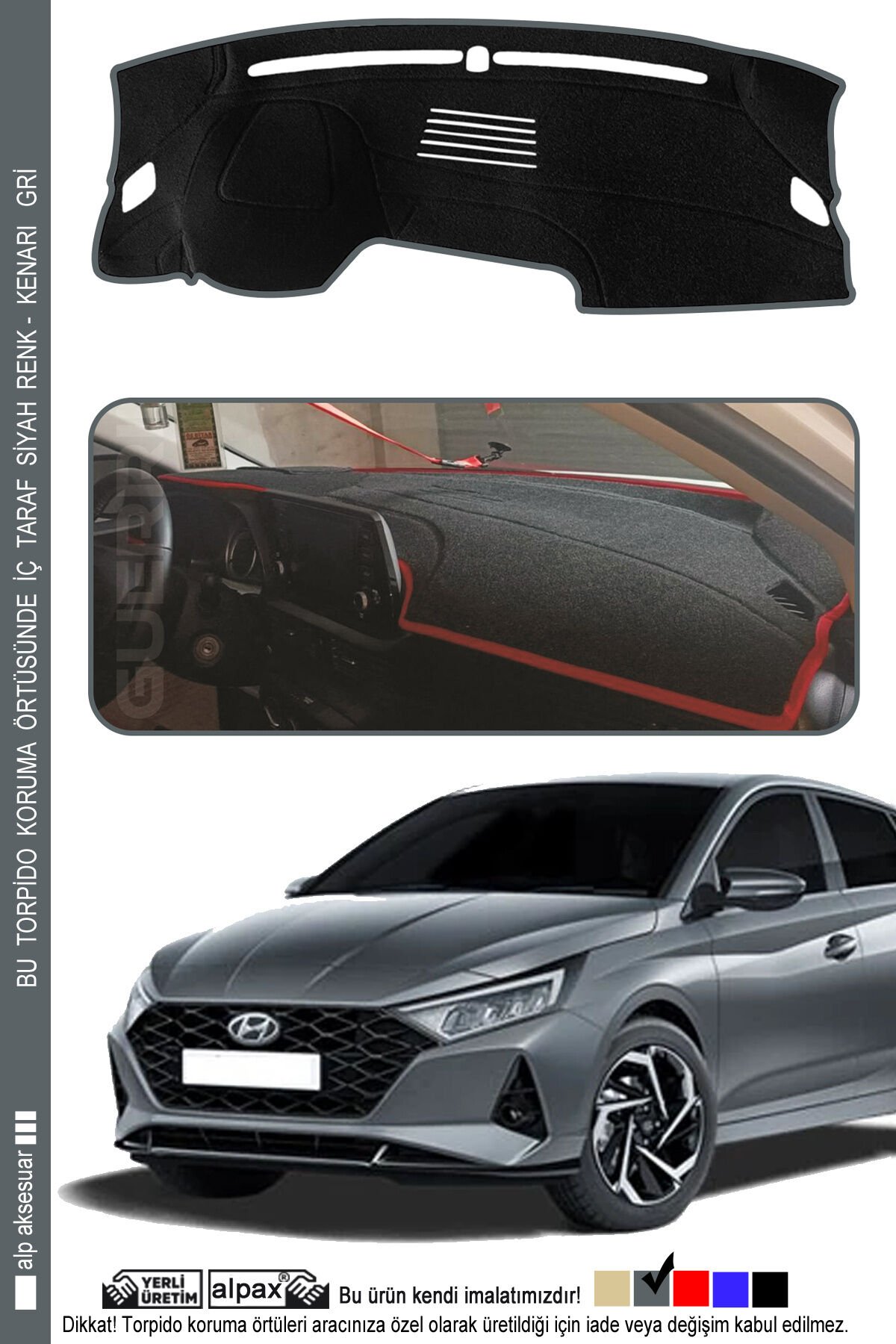 Hyundai i20 Torpido Koruma Halısı (2020 ve Üzeri) Modele Özel Üretim – Kenarı Gri