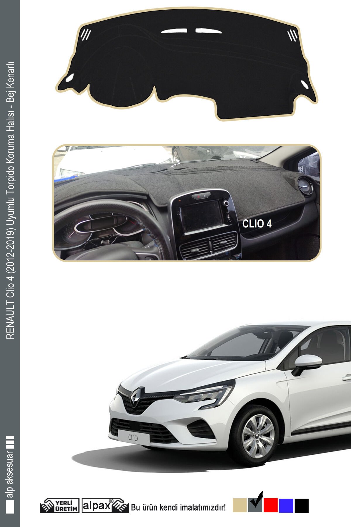 Renault Clio 4 Torpido Koruma Halısı 2012-2019 Modele Özel Üretim - Kenarı Gri